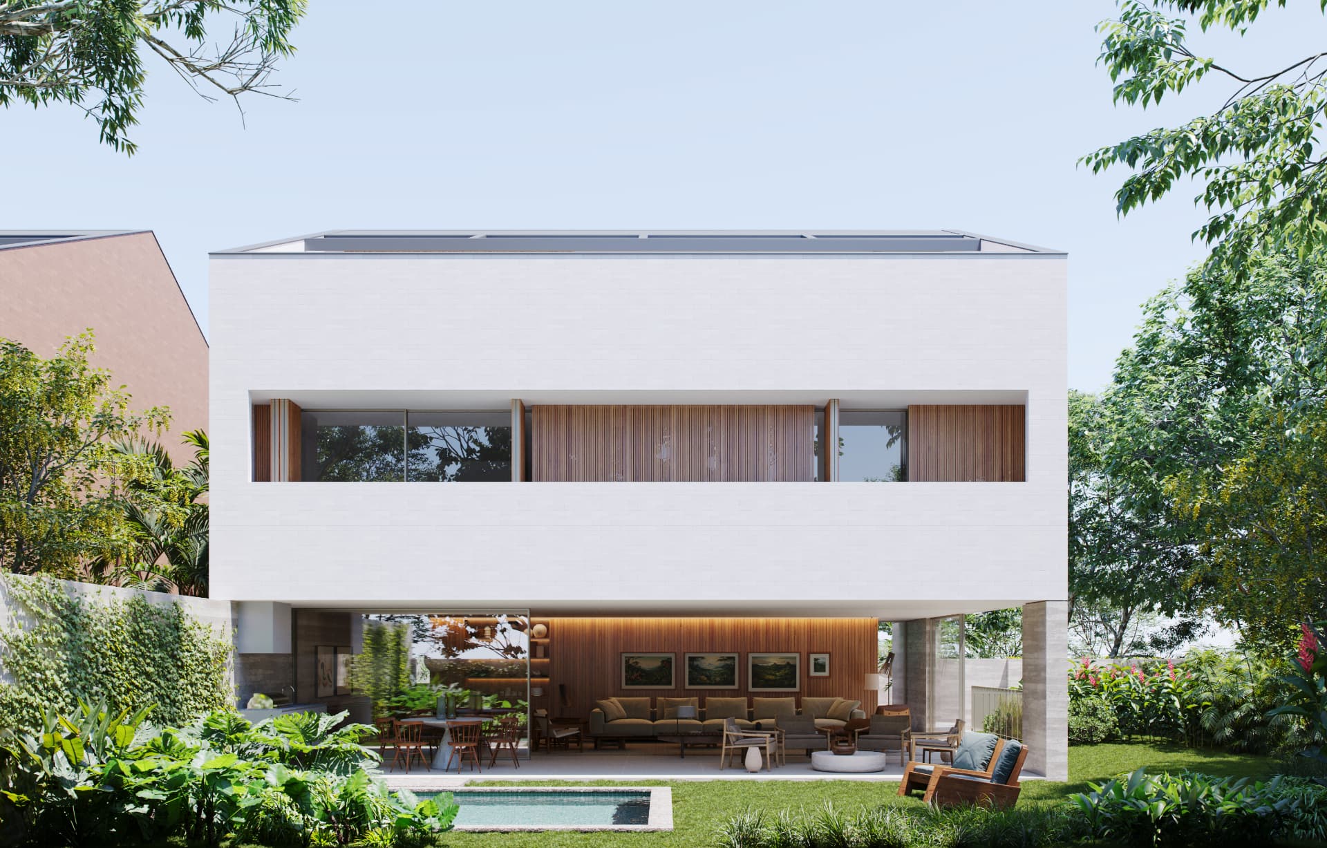 Fachada de fundos com jardim e piscina